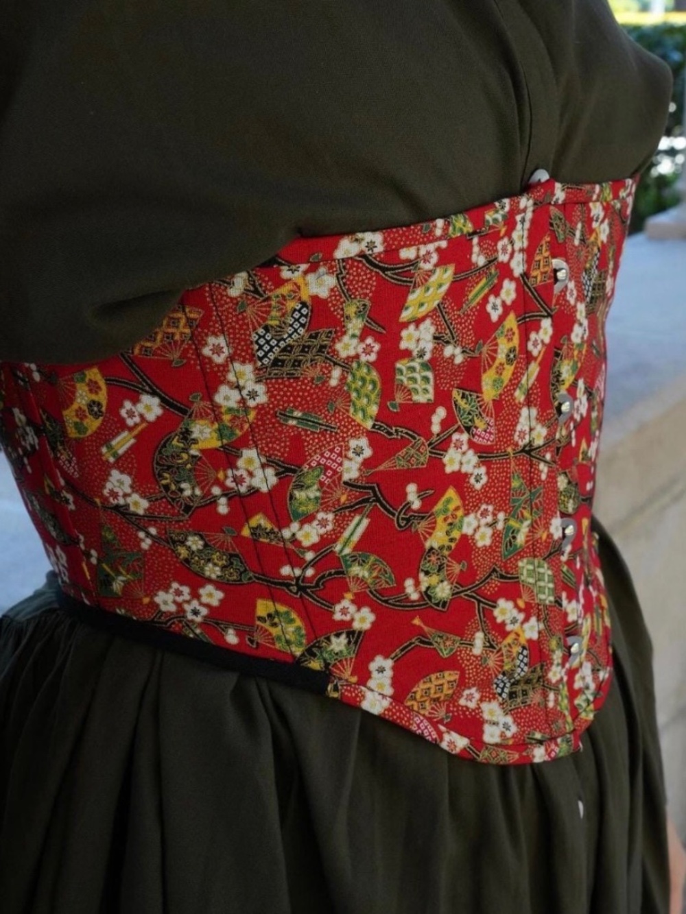 Red Japanese Print Corset Top Gothic Renaissance Waist Cincher Bustier M